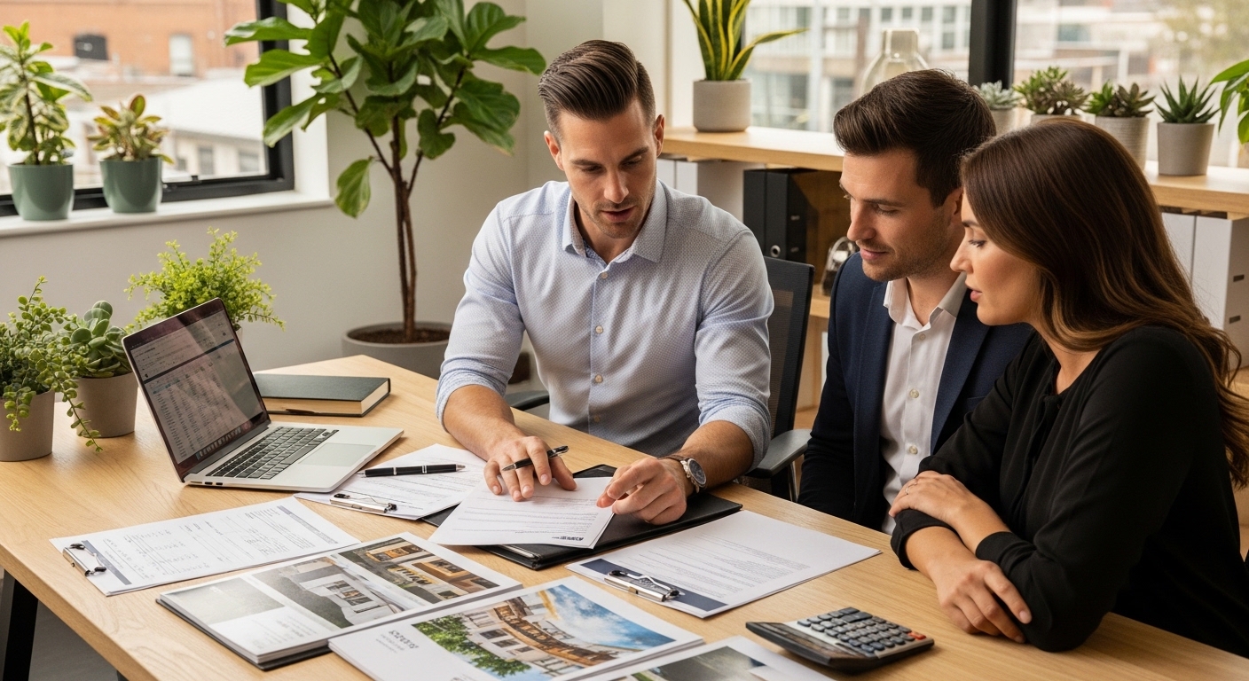 Finance broker reviewing bridging loan scenarios with a couple at a professional consultation