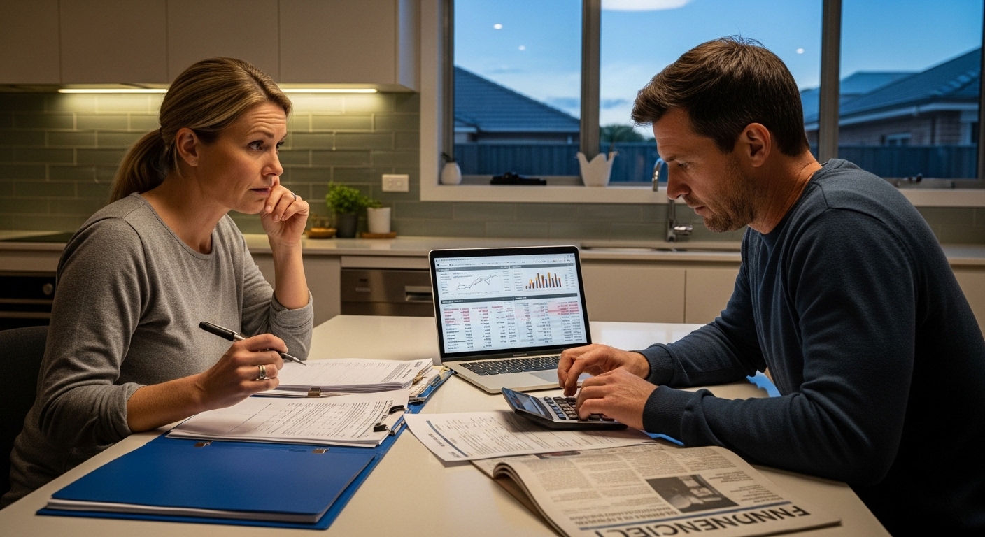 Couple stressed about the timing of buying a new home while their current property hasn't sold yet — a common bridging loan scenario