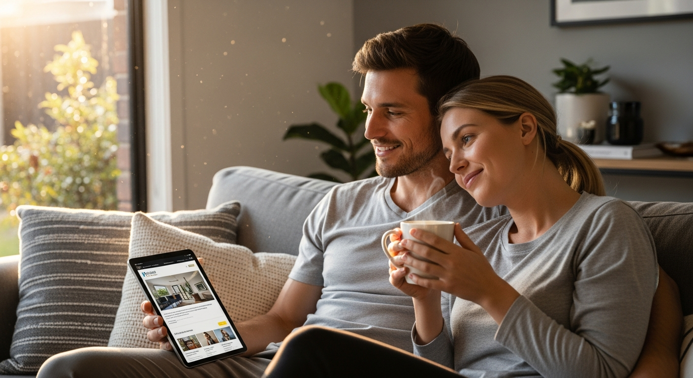 Couple relaxing at home feeling financially secure